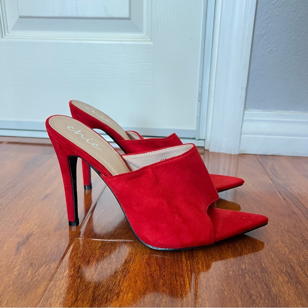Pointed Open Toe Heels Red Faux Suede Mule Pumps US Size 10 NEW